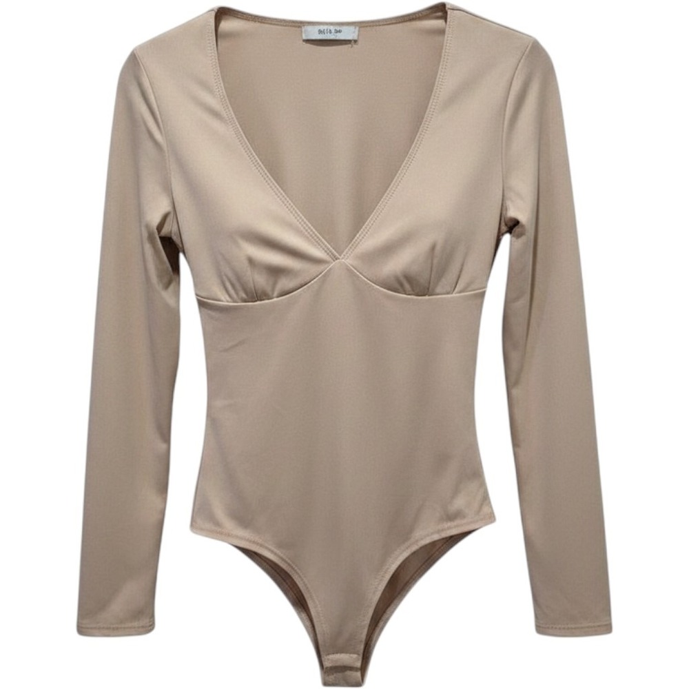 Long Sleeve Bodysuit Beige V Neck Top Fitted Casual Blouse